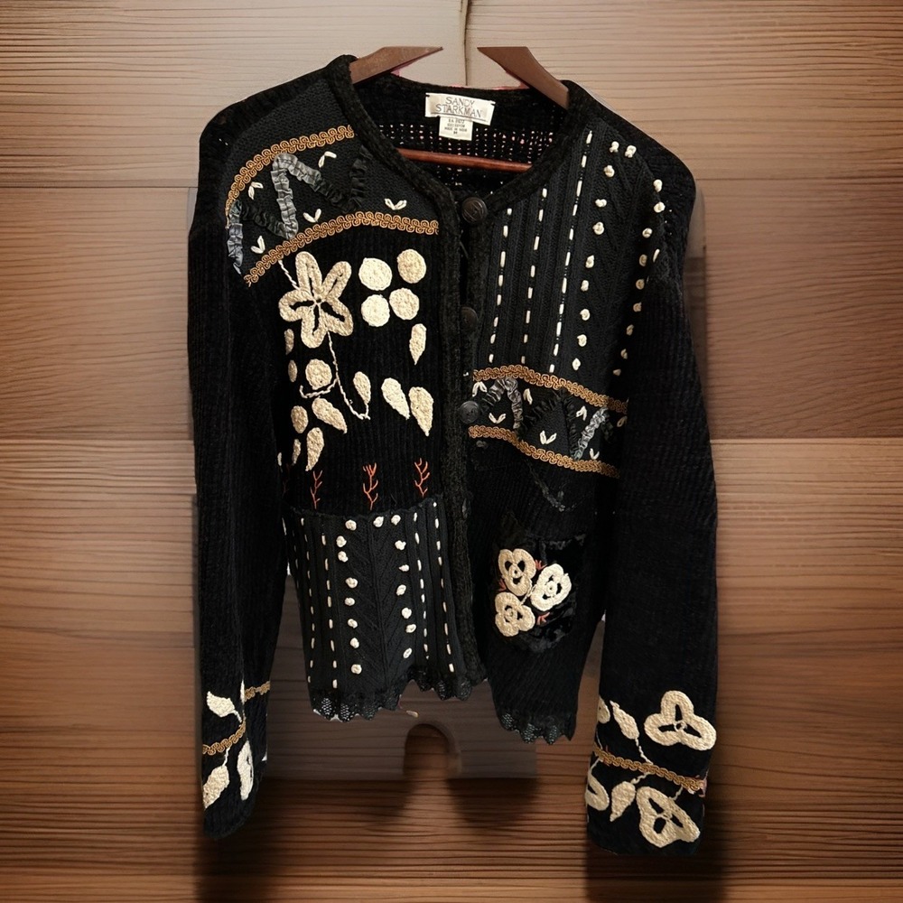 VTG Sandy Starkman Art to Wear Boho Black Embellished‎ Textured Sweater Jacket M